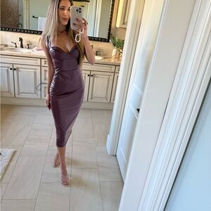 Elegant Maroon Leather Midi Dress